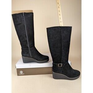 Giani Bernini Atlinaa Wedge Riding Boots Womens 9.5 M Black Leather Shoes NWB